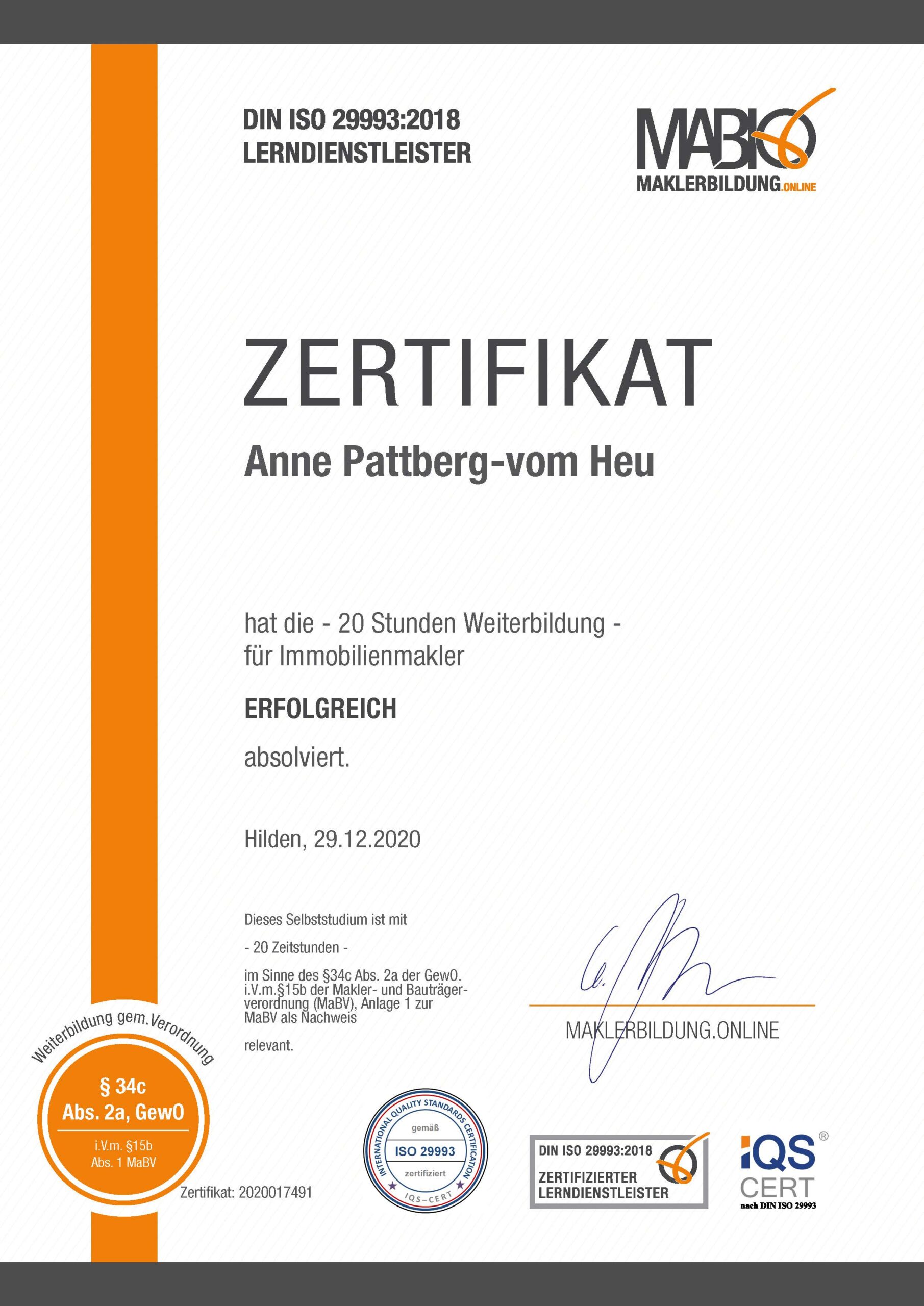 Immobilien Pattberg-vom Heu Zertifikat Fortbildung 2020