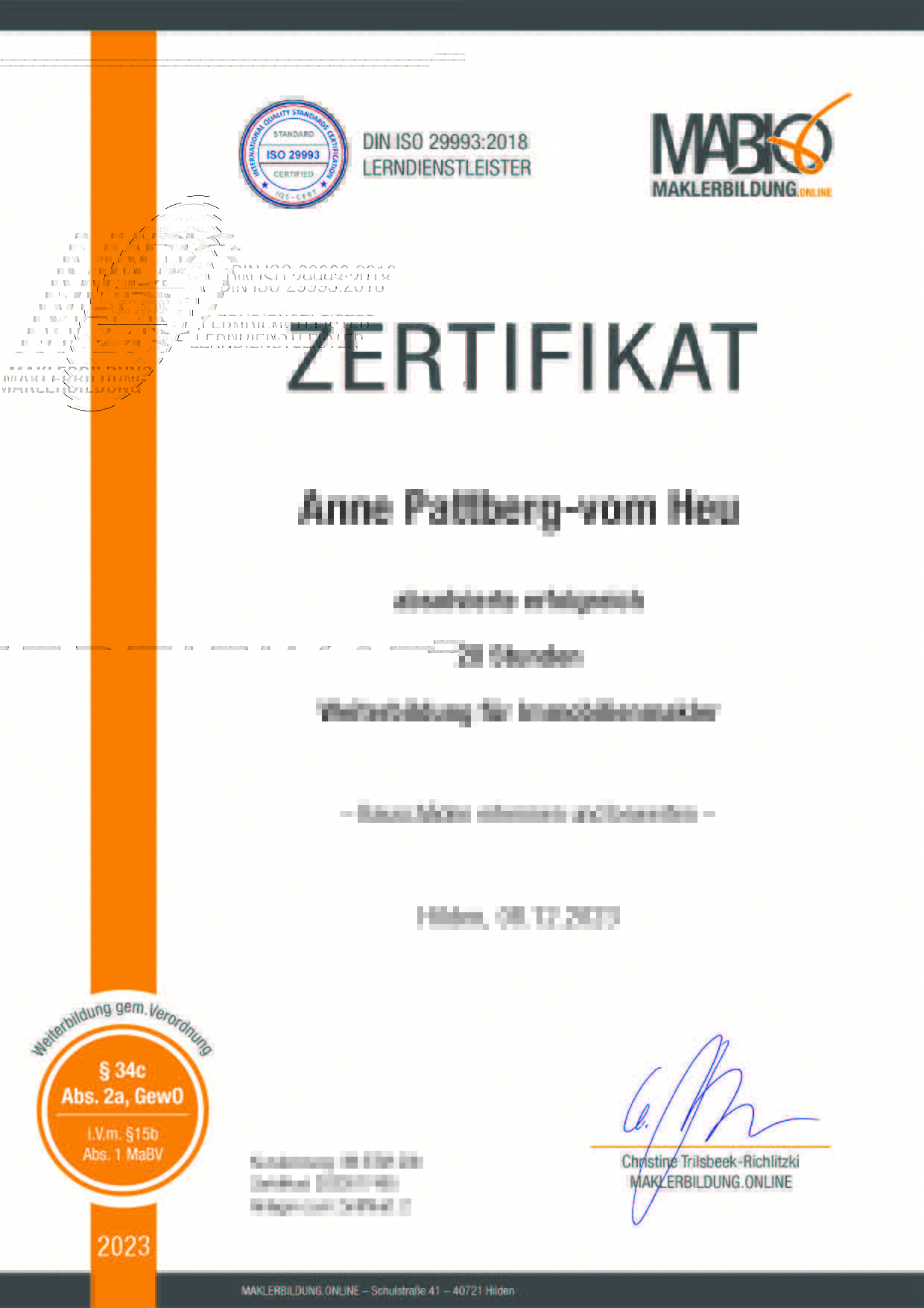 Immobilien Pattberg-vom Heu Zertifikat Fortbildung 2023